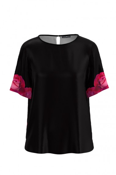Bluza Dames neagra cu maneca scurta si imprimeu trandafiri CMD1176
