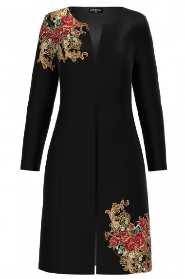Palton Dames lunga neagra imprimata cu model floral auriu CMD1168