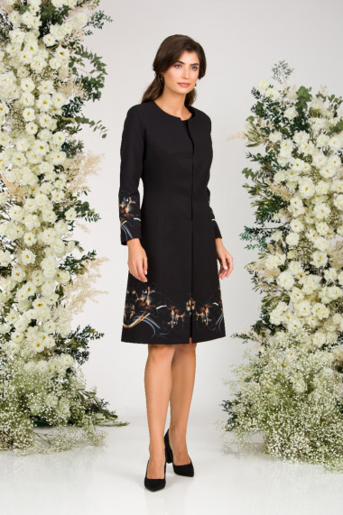 Palton Dames lunga neagra imprimata cu model floral crini CMD1170