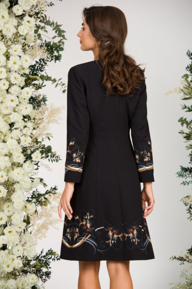 Palton Dames lunga neagra imprimata cu model floral crini CMD1170