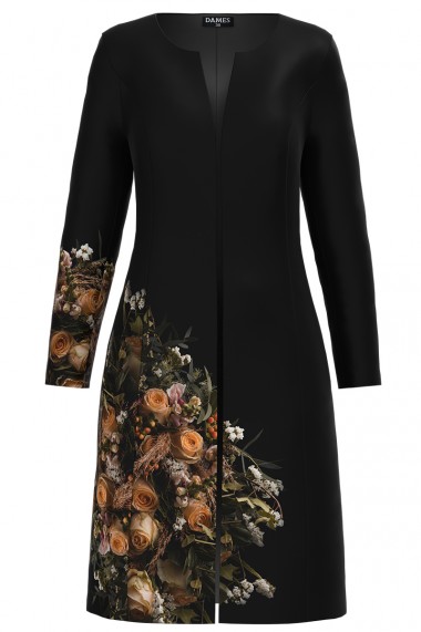 Palton Dames lunga neagra imprimata cu model floral trandafiri CMD1173