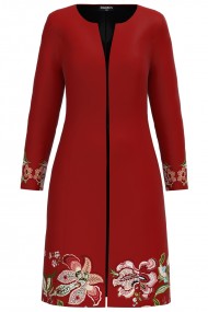 Jacheta de dama rosu caramiziu lunga imprimata cu model floral CMD1288