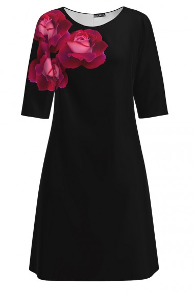 Rochie casual neagra imprimata cu model Trandafiri CMD1312
