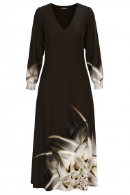 Rochie eleganta maro cu maneca lunga si imprimeu Floral CMD1331