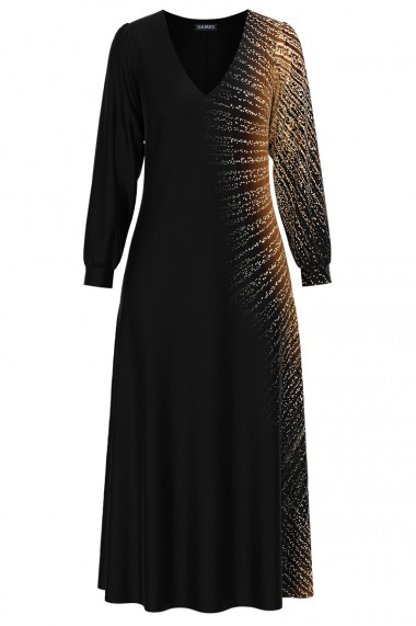 Rochie Dames eleganta neagra cu maneca lunga si imprimeu auriu CMD1333