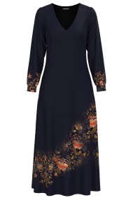 Rochie eleganta bleumarin cu maneca lunga si imprimeu Floral CMD1336