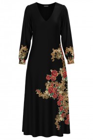 Rochie eleganta neagra cu maneca lunga si imprimeu Floral auriu CMD1342