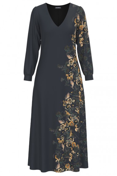Rochie eleganta antracit cu maneca lunga si imprimeu Floral CMD1344