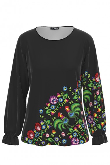 Bluza Dames neagra cu maneca lunga imprimata Floral CMD1360