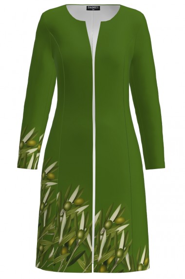 Palton Dames verde lunga imprimata ramuri de maslin CMD1362