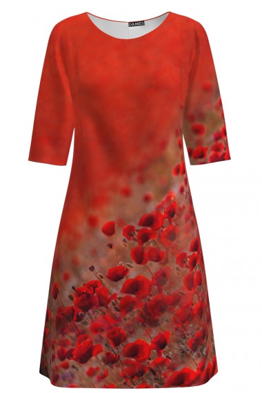 Rochie casual rosu corai imprimata maci CMD1375
