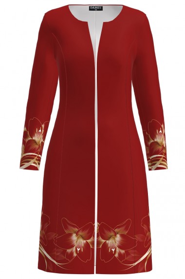 Jacheta de dama rosie lunga imprimata cu model Crini CMD1376