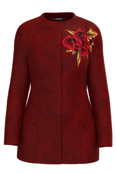Palton dama rosu- grena elegant si calduros imprimat Trandafiri CMD1457