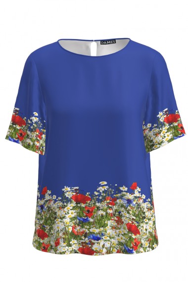 Bluza Dames albastra cu maneca scurta imprimata flori de camp CMD1557