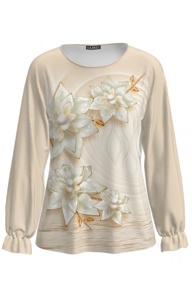 Bluza Dames bej cu maneca lunga imprimata cu model floral CMD1568