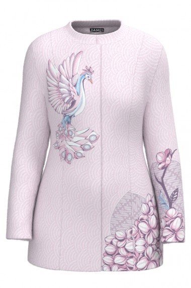 Palton Dames in nuante de roz elegant si calduros imprimat pasarea Phoenix CMD1720