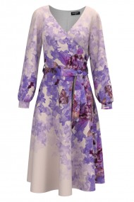 Rochie eleganta lila cu maneca lunga si imprimeu floral CMD1746