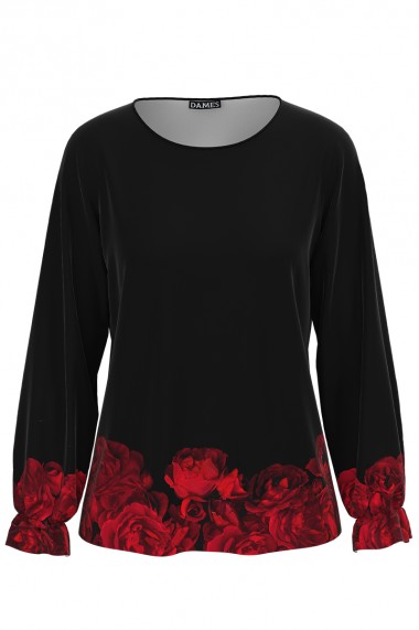 Bluza Dames neagra cu maneca lunga imprimata cu model trandafiri CMD1828