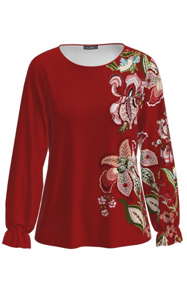 Bluza Dames rosu caramiziu cu maneca lunga si imprimeu floral CMD1936