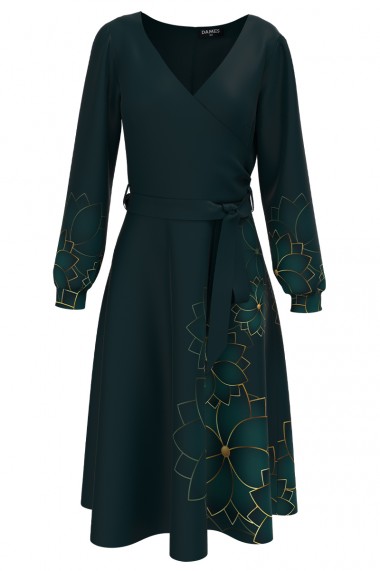 Rochie eleganta verde cu maneca lunga imprimata cu model Floral CMD2040