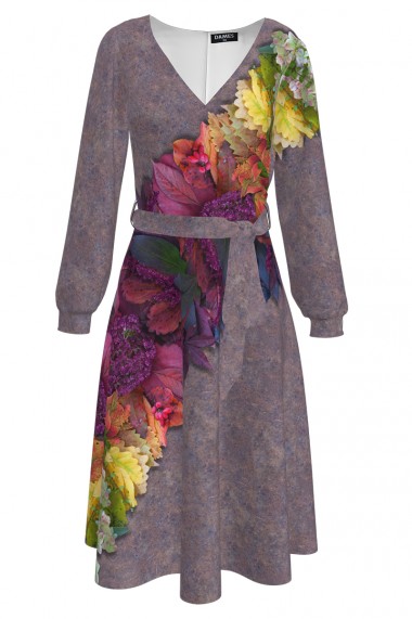 Rochie eleganta in nuante de mov cu maneca lunga si imprimeu frunze CMD2041