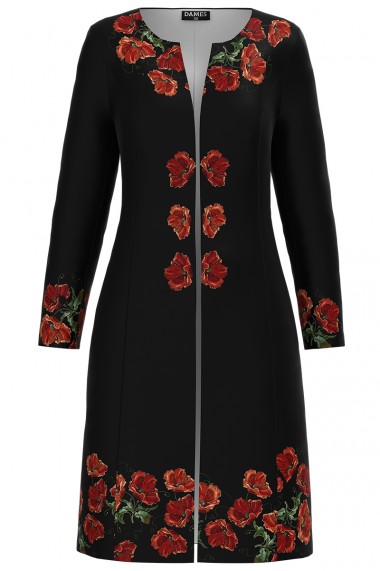 Jacheta de dama neagra lunga imprimata cu model Maci CMD2299