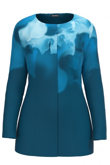 Jacheta de dama albastra de lungime medie imprimata cu model abstract CMD2304