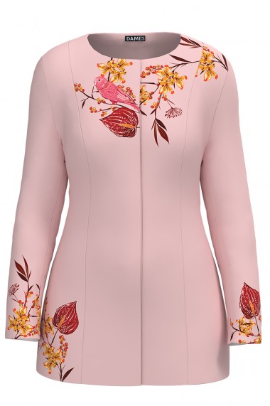 Jacheta de dama roz de lungime medie imprimata cu model floral CMD2305