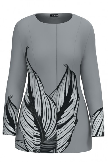 Jacheta de dama gri de lungime medie imprimata cu model Frunze CMD2307