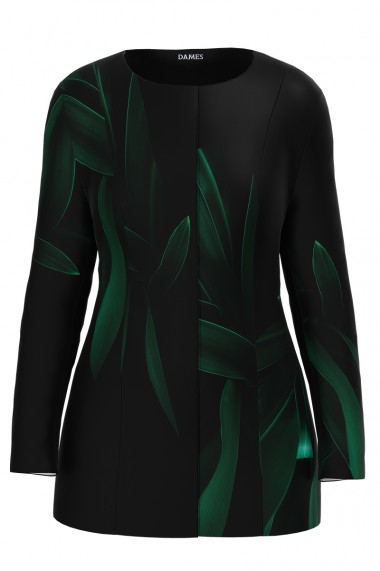 Jacheta de dama neagra de lungime medie imprimata cu model Frunze CMD2308