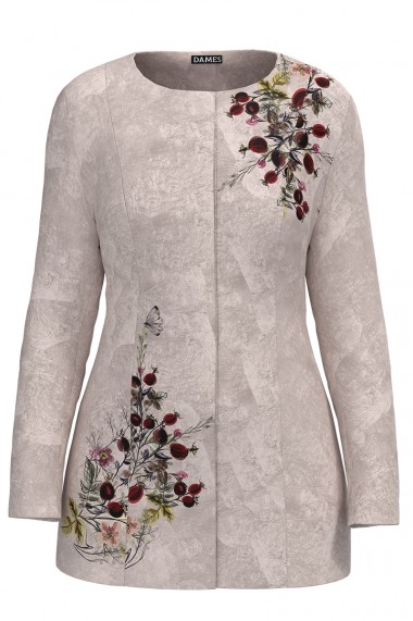 Jacheta de dama bej de lungime medie imprimata cu model Floral CMD2310