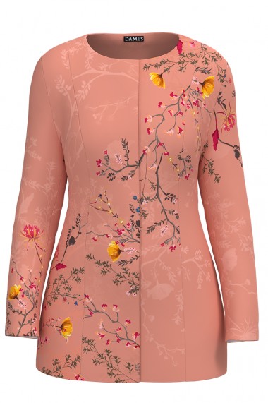 Jacheta de dama roz de lungime medie imprimata cu model floral CMD2316