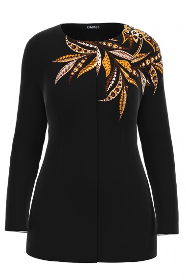Jacheta de dama neagra de lungime medie imprimata cu model Floral CMD2325