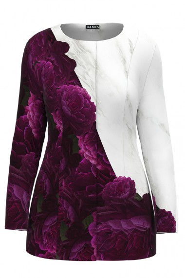Jacheta de dama alba de lungime medie imprimata cu model Bujori CMD2327