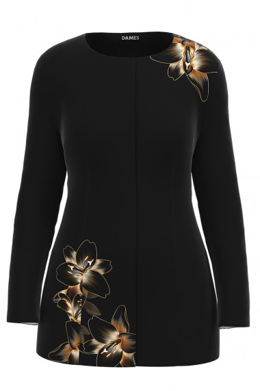 Jacheta de dama neagra de lungime medie imprimata cu model Crini CMD2329