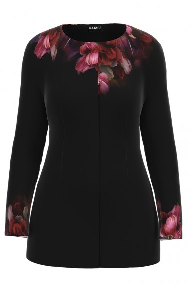 Jacheta de dama neagra de lungime medie imprimata cu model floral CMD2336