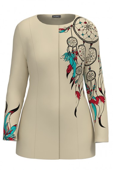 Jacheta de dama bej de lungime medie imprimata cu model multicolor CMD2340