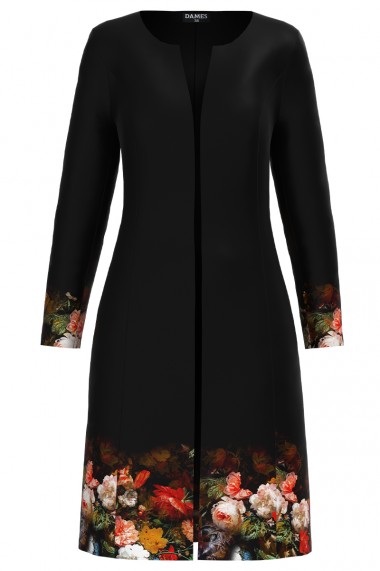Jacheta de dama neagra lunga imprimata cu model floral CMD2461