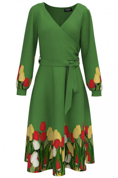 Rochie eleganta verde cu maneca lunga imprimata Lalele CMD2490