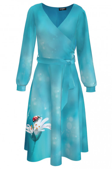 Rochie eleganta bleu cu maneca lunga imprimata Buburuza CMD2538