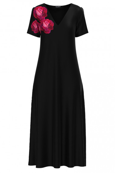Rochie de vara neagra lunga cu buzunare imprimata cu model floral CMD2624