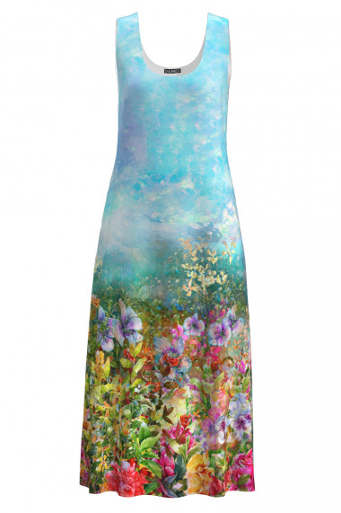 Rochie bleu lunga casual de vara cu buzunare imprimata cu model floral CMD2648
