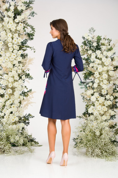 Rochie casual bleumarin cu maneca trei sferturi imprimata cu model floral CMD2671