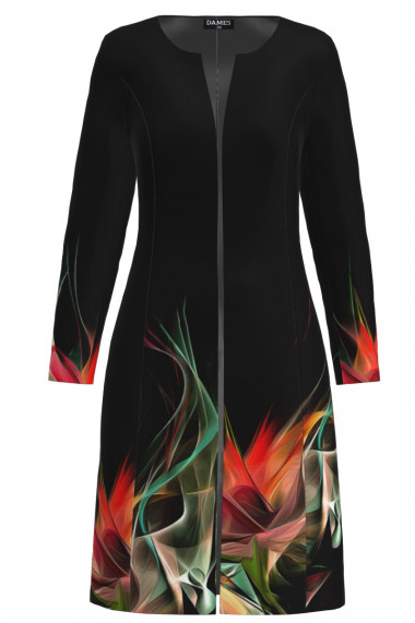 Jacheta de dama neagra lunga imprimata cu model multicolor CMD2771