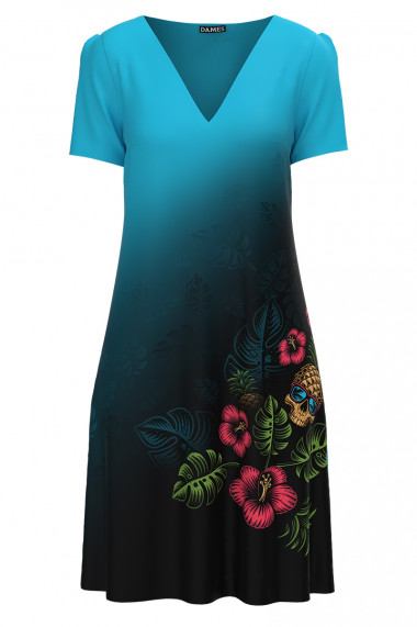 Rochie bleu casual de vara imprimata cu model Tropical CMD2798