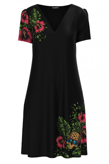 Rochie neagra casual de vara imprimata cu model Tropical CMD2799