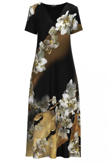 Rochie neagra de vara lunga cu buzunare imprimata model floral CMD2810