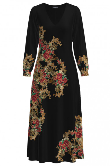 Rochie neagra eleganta cu maneca lunga imprimata cu model floral CMD2822