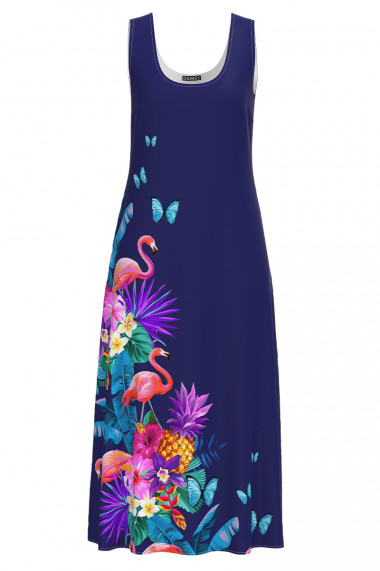 Rochie albastru violet lunga casual de vara cu buzunare imprimata Tropical CMD2892