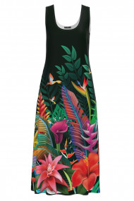 Rochie neagra lunga casual de vara cu buzunare imprimata Tropical CMD2893